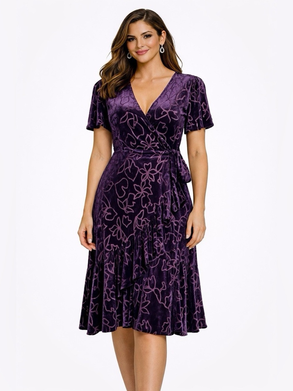 Calvin Klein Burnout Velvet Faux Wrap Dress 16W Plum Purple Velour Cocktail